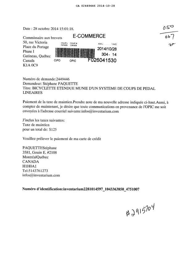 Document de brevet canadien 2449446. Correspondance 20141028. Image 1 de 1
