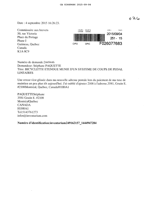 Document de brevet canadien 2449446. Changement d'adresse 20150904. Image 1 de 1