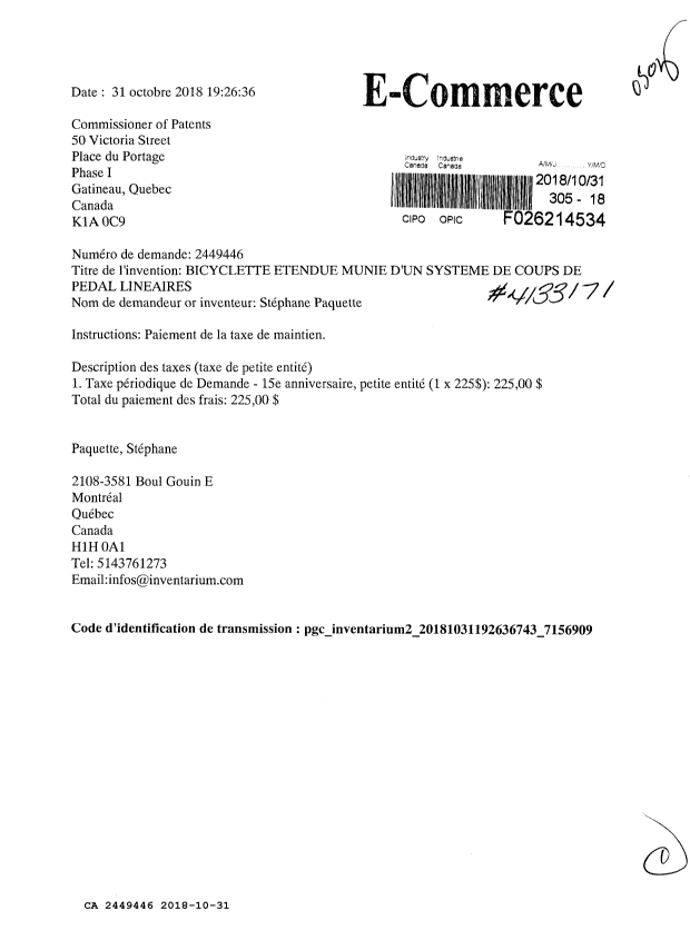 Document de brevet canadien 2449446. Paiement de taxe périodique 20181031. Image 1 de 1