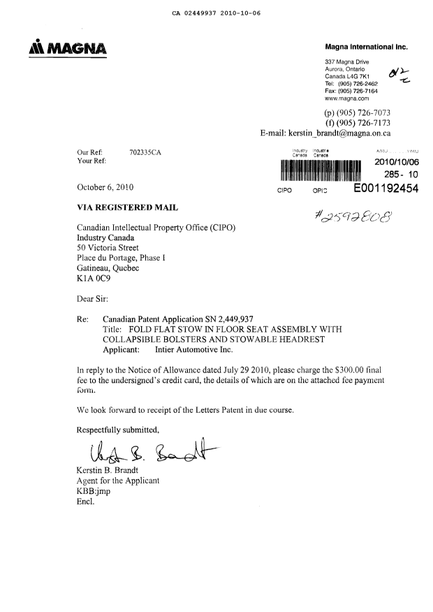 Document de brevet canadien 2449937. Correspondance 20101006. Image 1 de 1