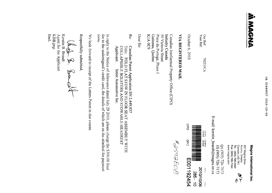 Canadian Patent Document 2449937. Correspondence 20101006. Image 1 of 1