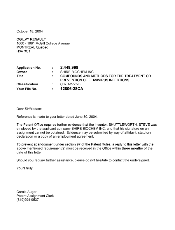 Canadian Patent Document 2449999. Correspondence 20031218. Image 1 of 1