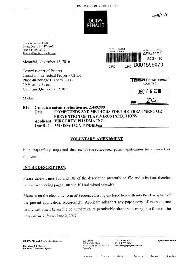 Canadian Patent Document 2449999. Prosecution-Amendment 20091215. Image 1 of 5