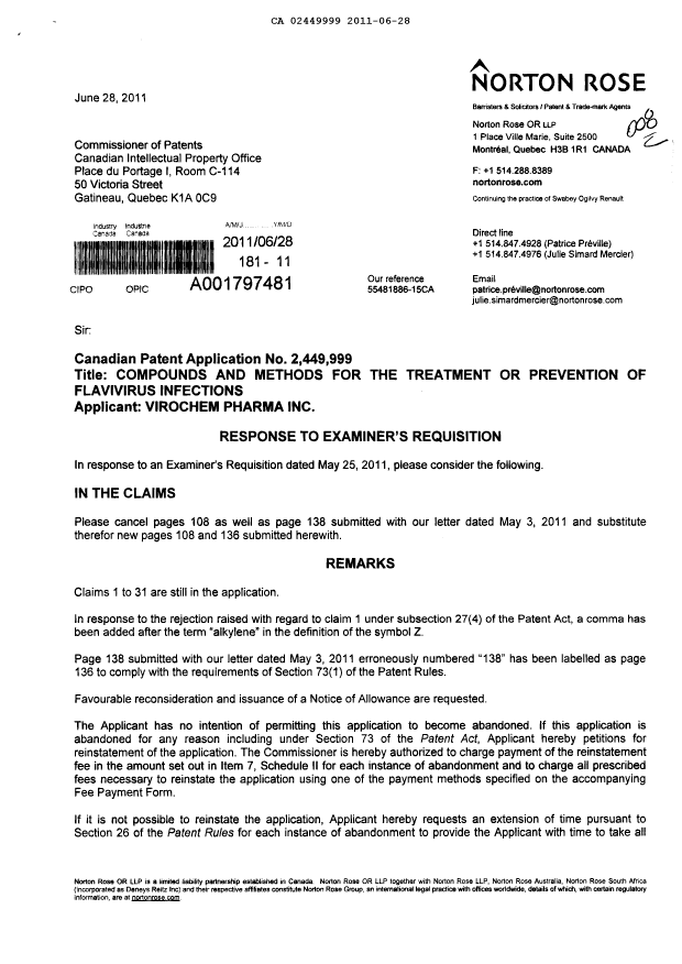 Canadian Patent Document 2449999. Prosecution-Amendment 20101228. Image 1 of 4