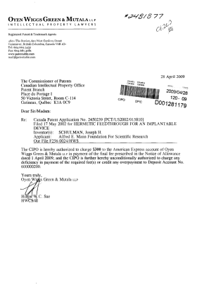 Canadian Patent Document 2450239. Correspondence 20090428. Image 1 of 1
