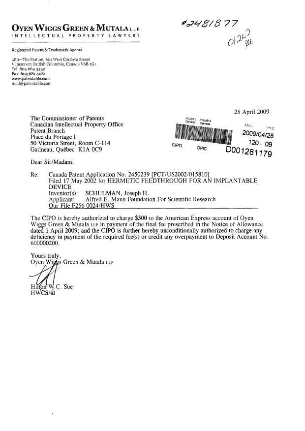Document de brevet canadien 2450239. Correspondance 20090428. Image 1 de 1