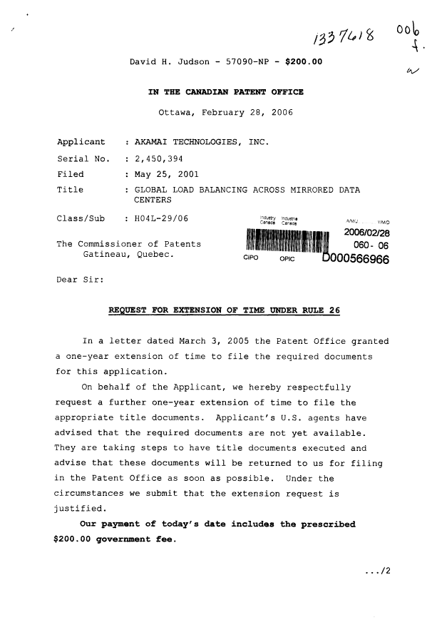 Canadian Patent Document 2450394. Correspondence 20060228. Image 1 of 2
