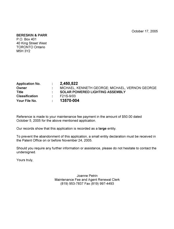 Document de brevet canadien 2450522. Correspondance 20051017. Image 1 de 1