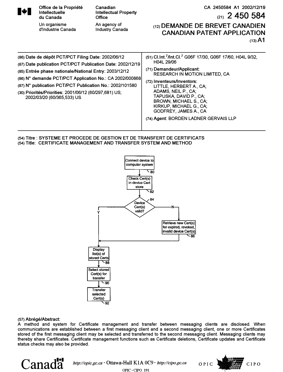 Canadian Patent Document 2450584. Cover Page 20040223. Image 1 of 1