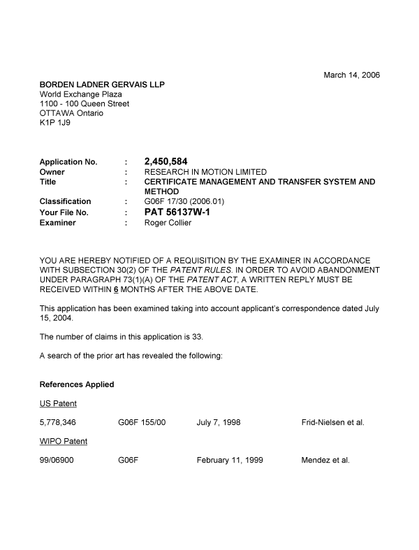 Document de brevet canadien 2450584. Poursuite-Amendment 20060314. Image 1 de 2