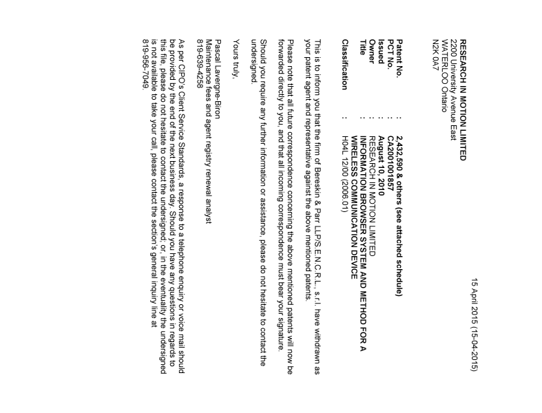 Canadian Patent Document 2450584. Correspondence 20150415. Image 1 of 4