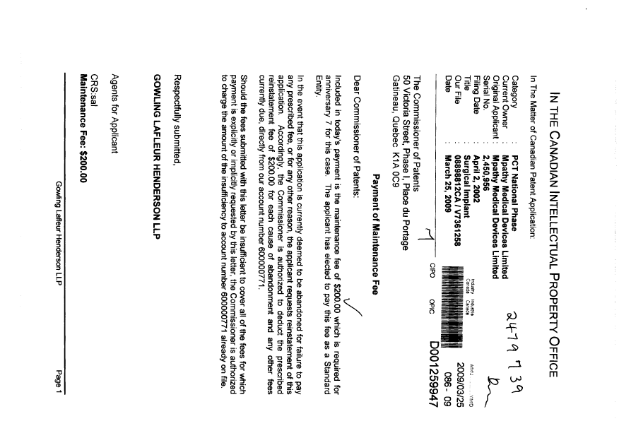 Canadian Patent Document 2450956. Fees 20090325. Image 1 of 1