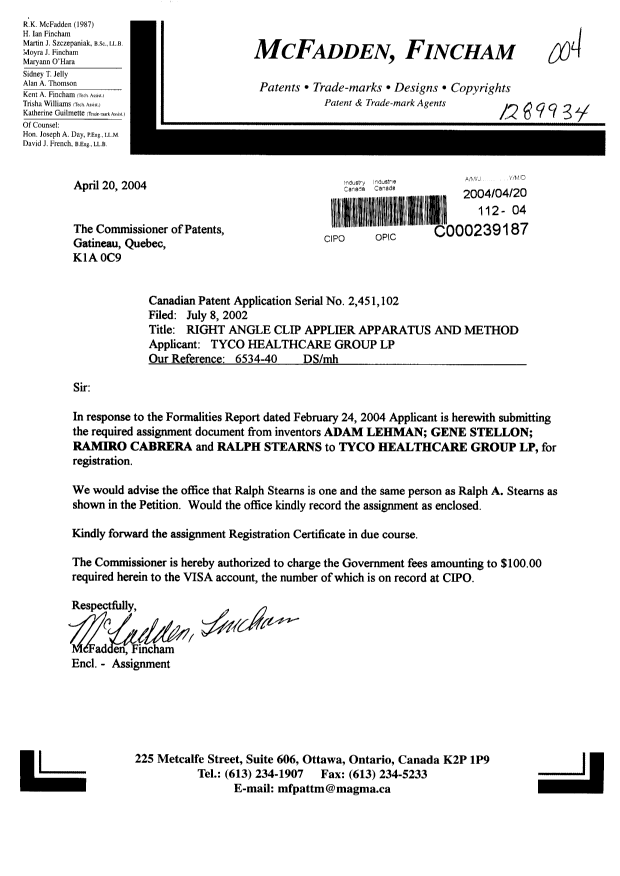 Document de brevet canadien 2451102. Cession 20040420. Image 1 de 5