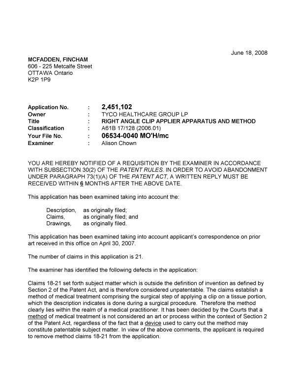 Canadian Patent Document 2451102. Prosecution-Amendment 20080618. Image 1 of 2