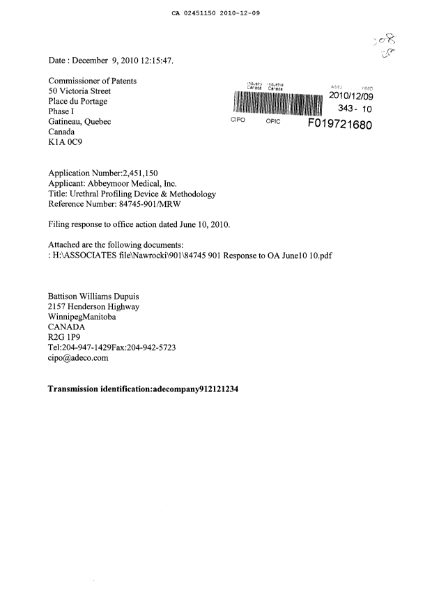Canadian Patent Document 2451150. Prosecution-Amendment 20101209. Image 1 of 48
