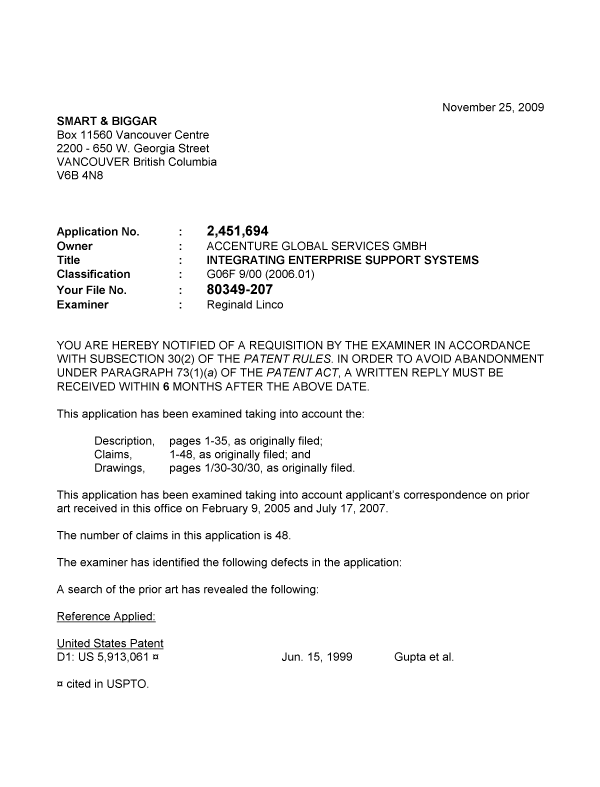 Canadian Patent Document 2451694. Prosecution-Amendment 20091125. Image 1 of 4