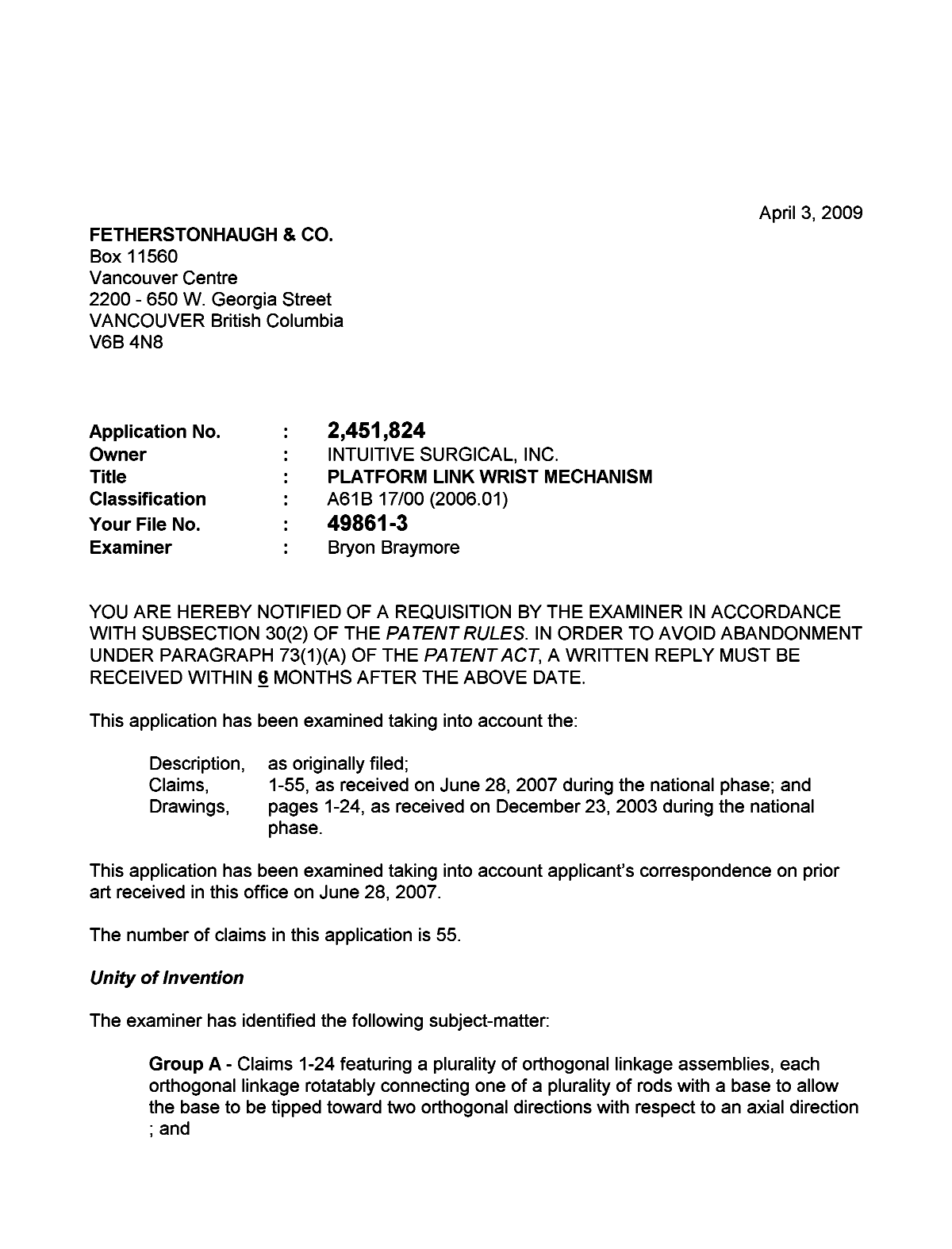 Canadian Patent Document 2451824. Prosecution-Amendment 20090403. Image 1 of 3