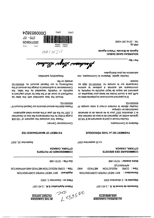 Document de brevet canadien 2451937. Taxes 20061225. Image 1 de 1