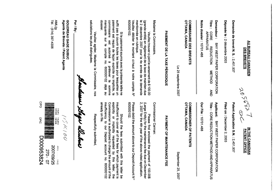 Document de brevet canadien 2451937. Taxes 20061225. Image 1 de 1