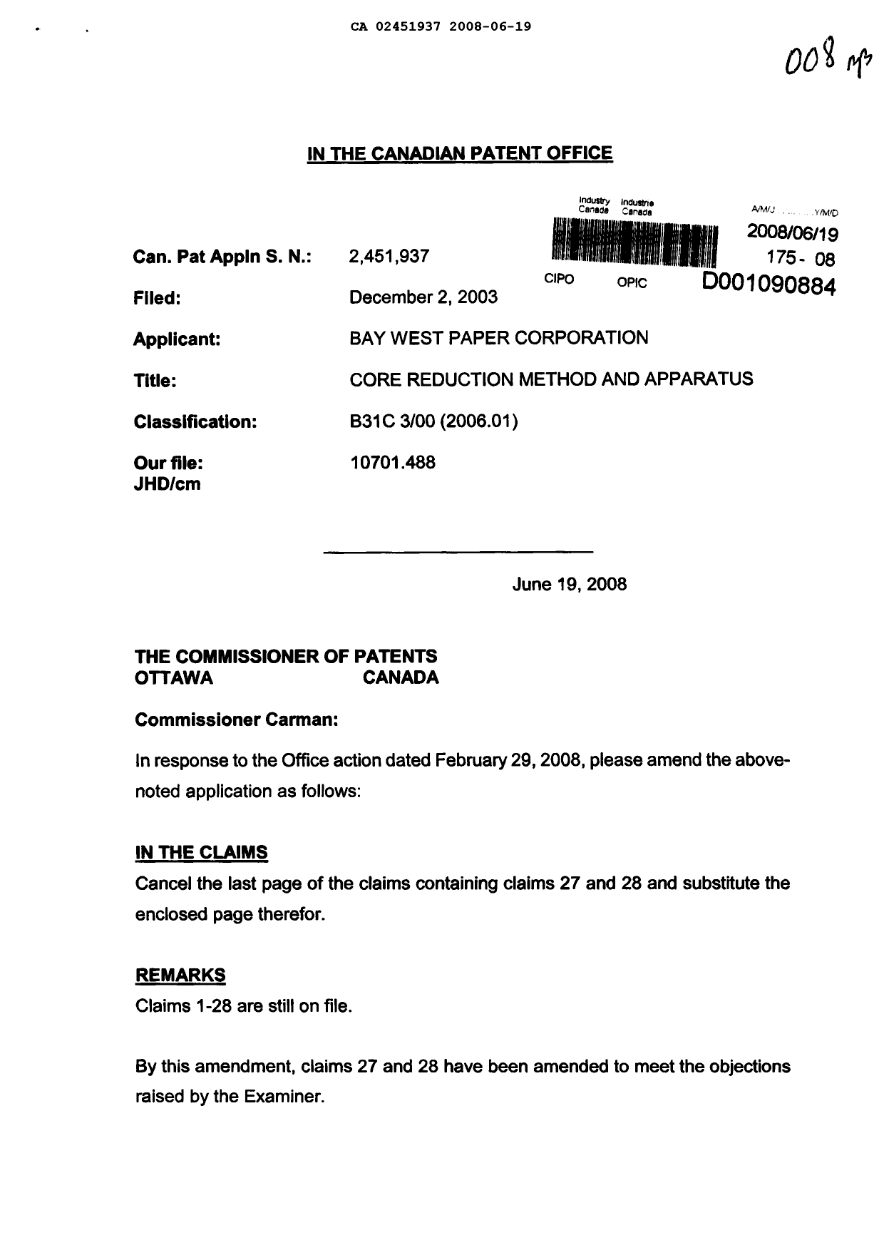 Document de brevet canadien 2451937. Poursuite-Amendment 20071219. Image 1 de 3