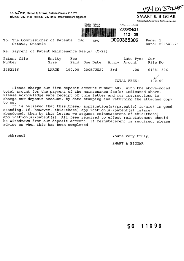 Document de brevet canadien 2452116. Taxes 20050421. Image 1 de 1