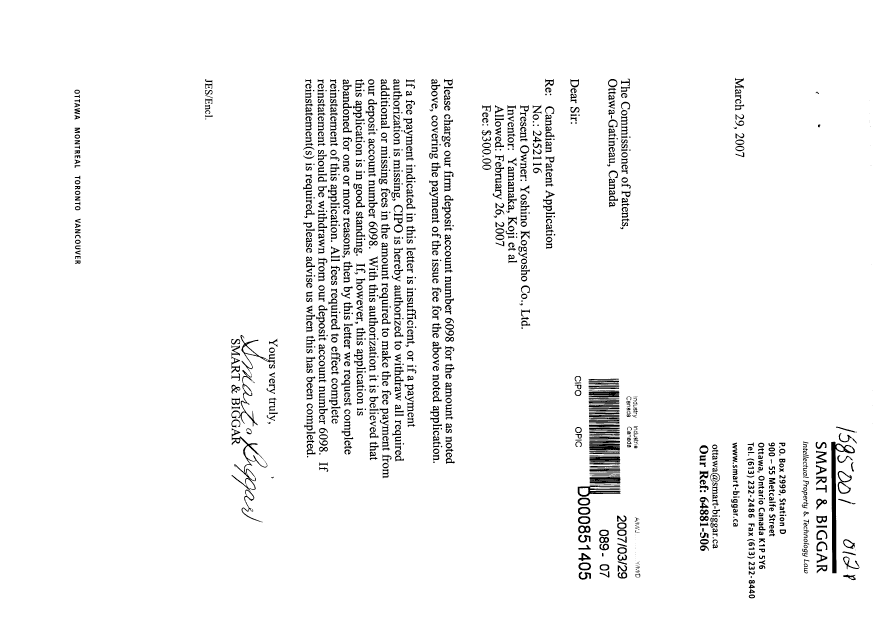 Canadian Patent Document 2452116. Correspondence 20070329. Image 1 of 1