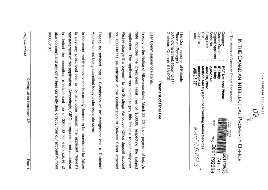 Canadian Patent Document 2452146. Correspondence 20110825. Image 1 of 2