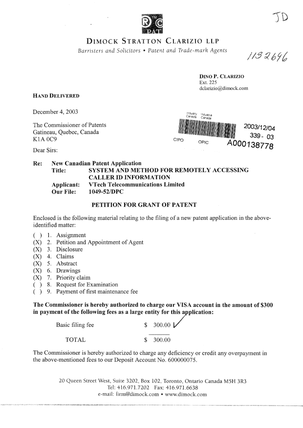 Document de brevet canadien 2452216. Cession 20031204. Image 1 de 4