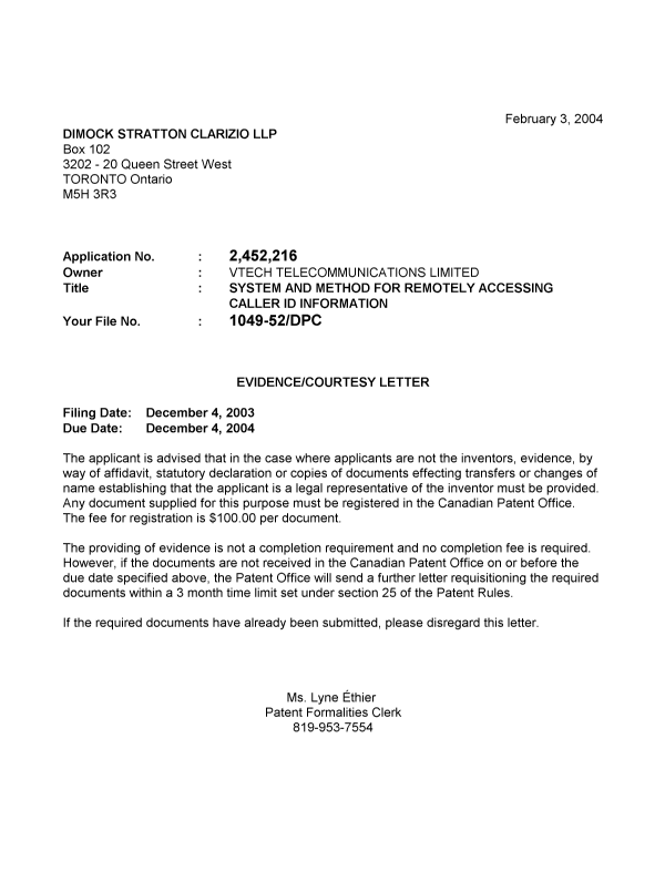 Document de brevet canadien 2452216. Correspondance 20040127. Image 1 de 1