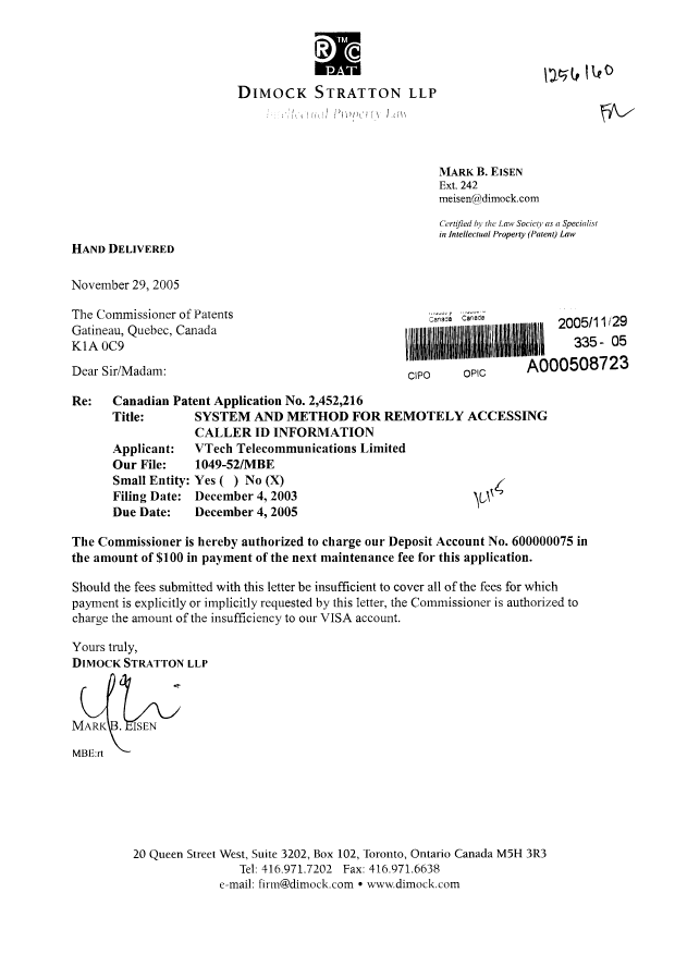 Document de brevet canadien 2452216. Taxes 20051129. Image 1 de 1