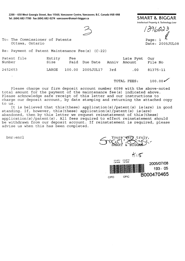Document de brevet canadien 2452653. Taxes 20050708. Image 1 de 1