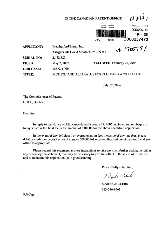Canadian Patent Document 2452825. Correspondence 20060712. Image 1 of 1