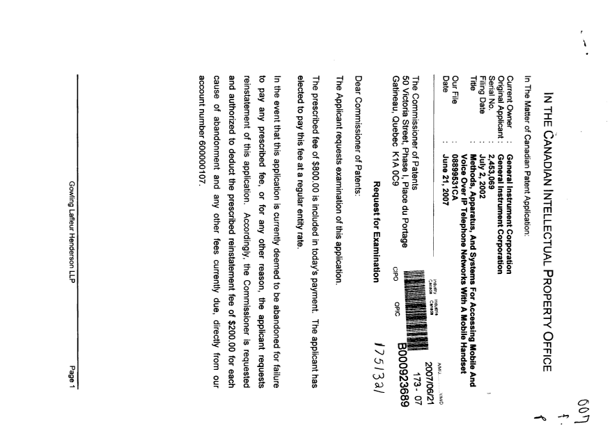 Canadian Patent Document 2453069. Prosecution-Amendment 20070621. Image 1 of 2