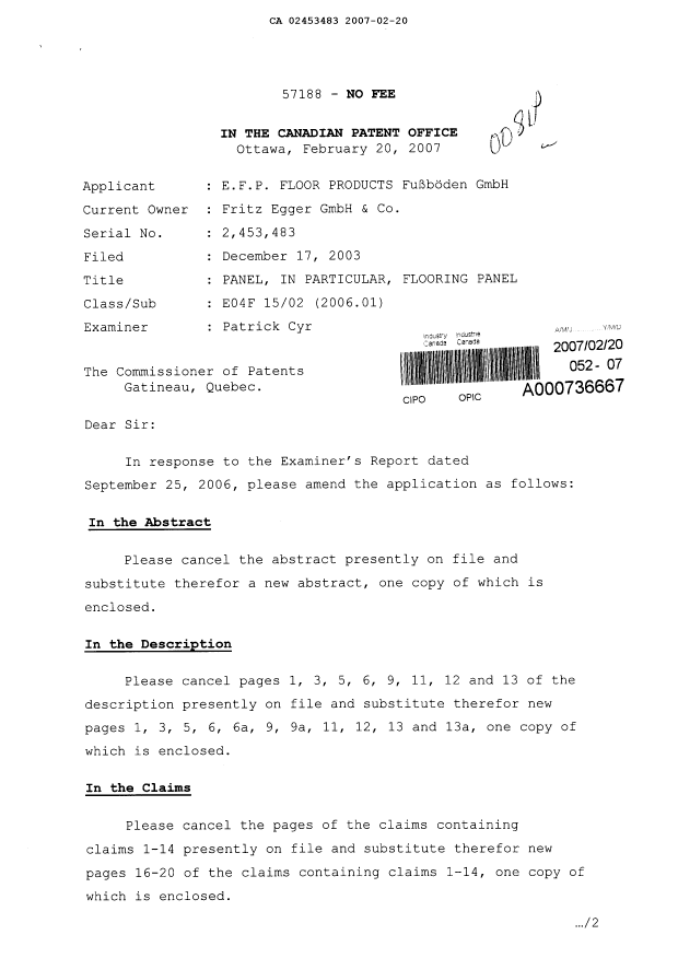 Canadian Patent Document 2453483. Prosecution-Amendment 20070220. Image 1 of 20