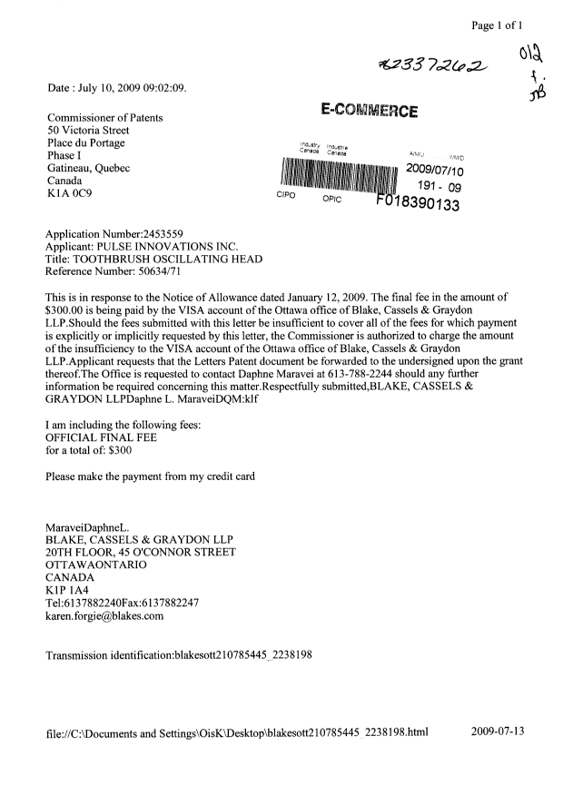 Document de brevet canadien 2453559. Correspondance 20090710. Image 1 de 1