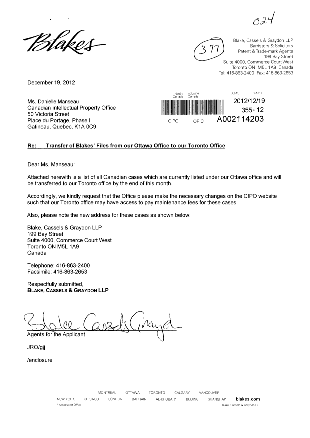 Document de brevet canadien 2453559. Correspondance 20121219. Image 1 de 12