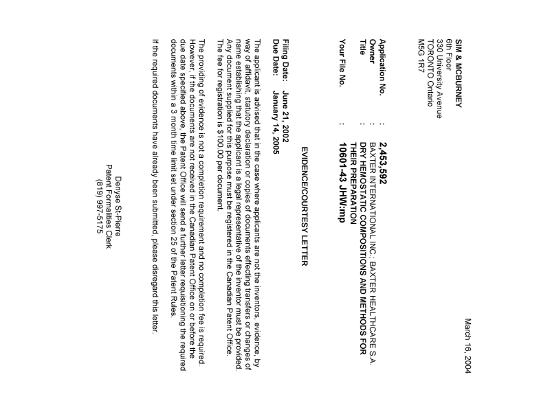 Canadian Patent Document 2453592. Correspondence 20040309. Image 1 of 1