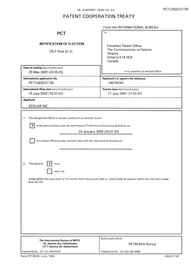 Document de brevet canadien 2453667. PCT 20040114. Image 1 de 21