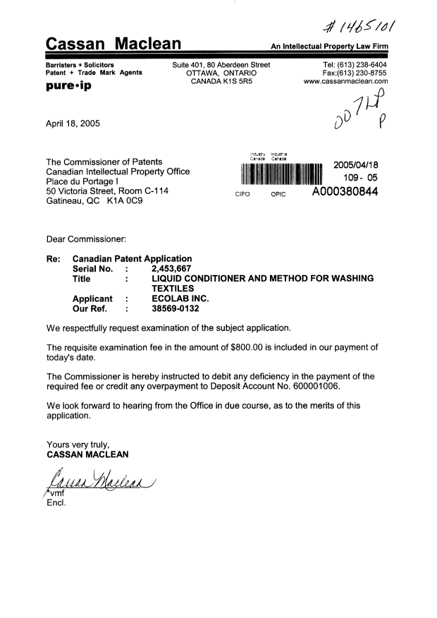 Document de brevet canadien 2453667. Poursuite-Amendment 20050418. Image 1 de 1
