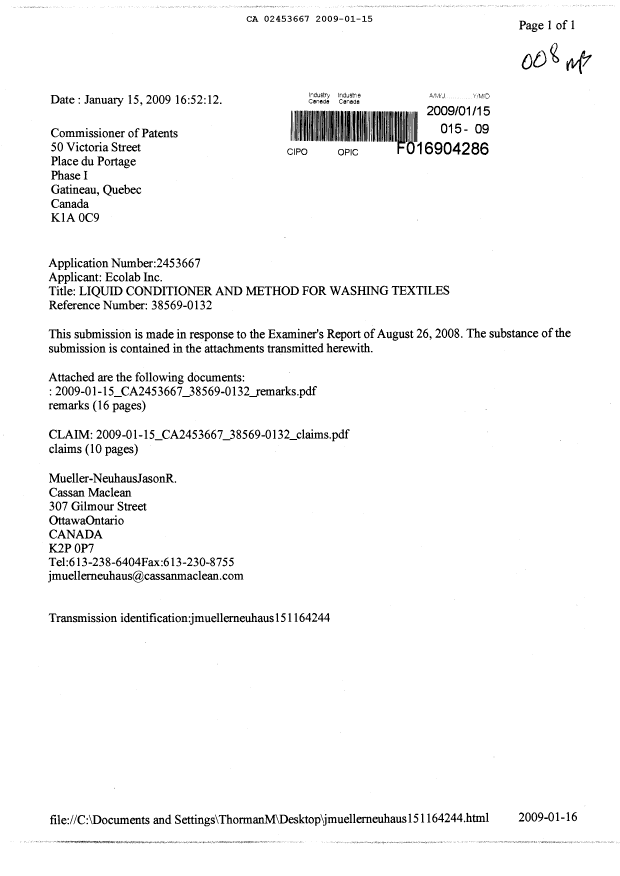 Document de brevet canadien 2453667. Poursuite-Amendment 20090115. Image 1 de 27