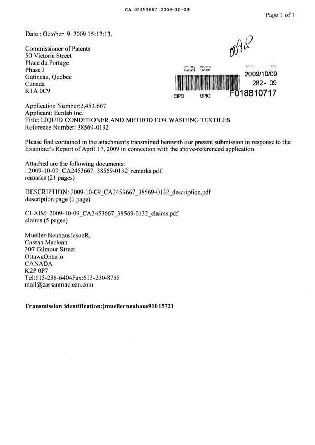 Document de brevet canadien 2453667. Poursuite-Amendment 20091009. Image 1 de 28