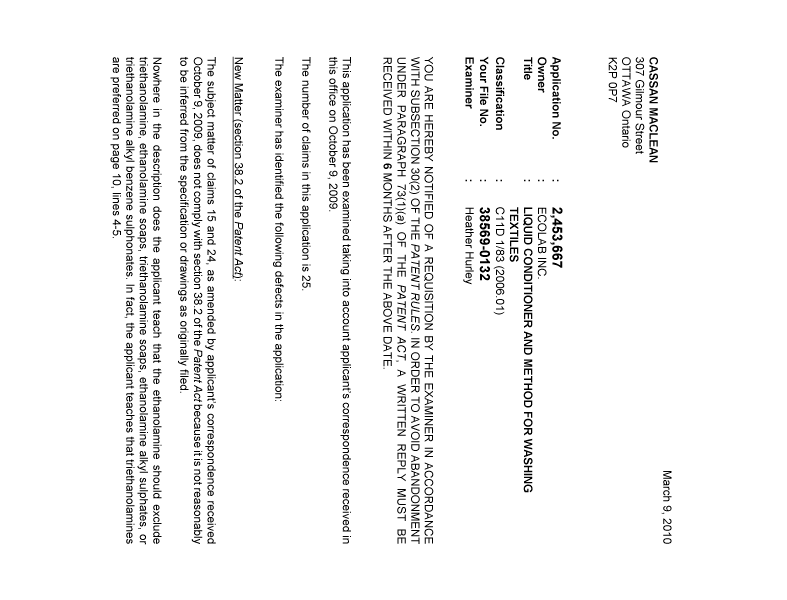 Canadian Patent Document 2453667. Prosecution-Amendment 20100309. Image 1 of 6