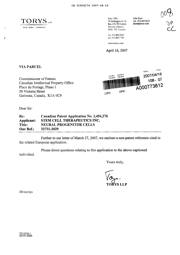 Canadian Patent Document 2454276. Prosecution-Amendment 20070416. Image 1 of 1