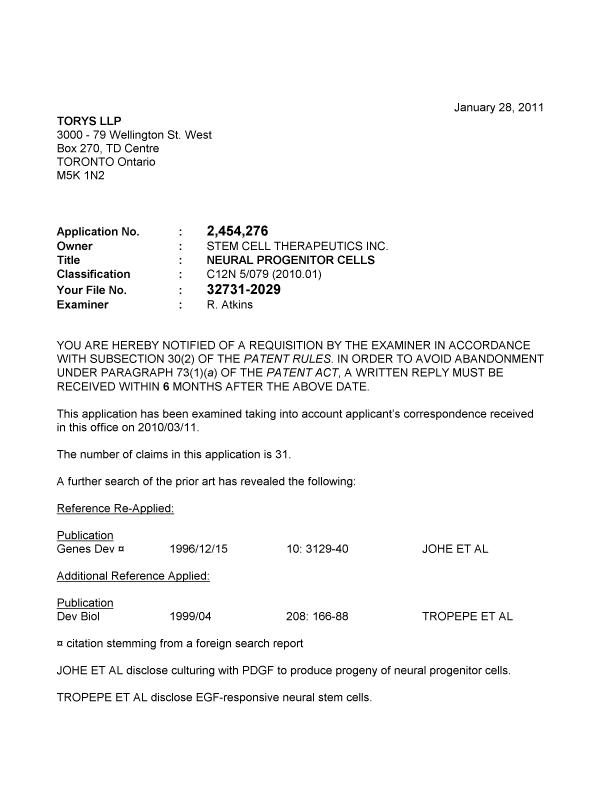 Canadian Patent Document 2454276. Prosecution-Amendment 20101228. Image 1 of 3