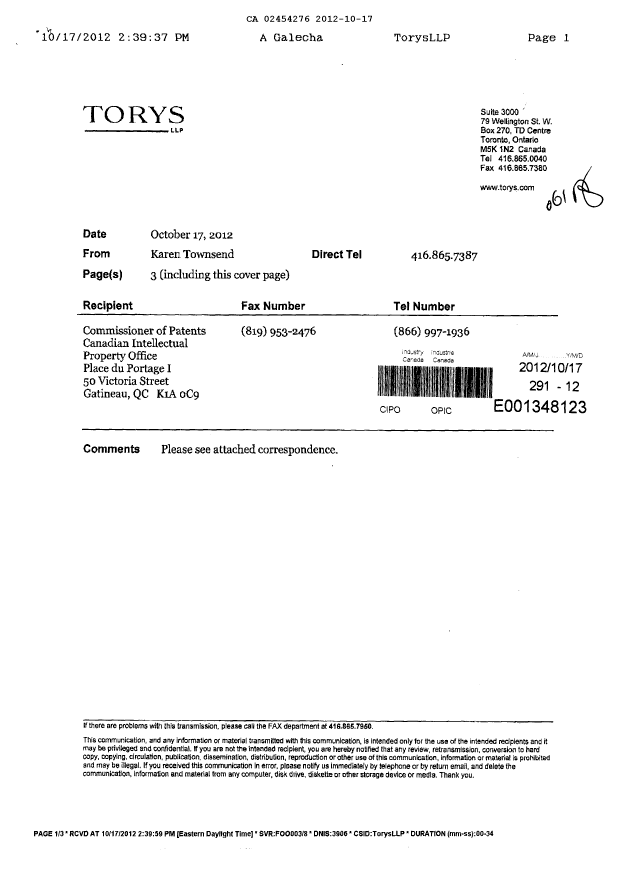 Canadian Patent Document 2454276. Correspondence 20111217. Image 1 of 3