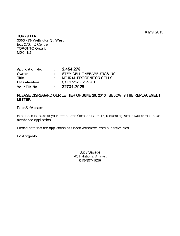 Canadian Patent Document 2454276. Correspondence 20121209. Image 1 of 1