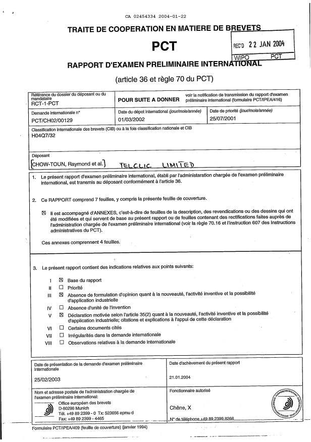 Document de brevet canadien 2454334. PCT 20040122. Image 1 de 7