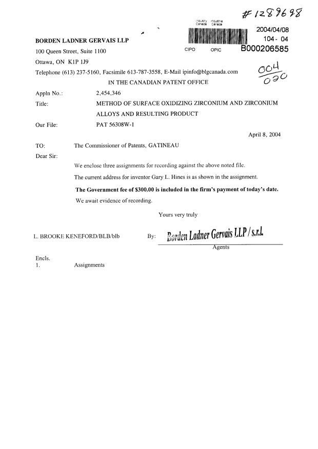 Document de brevet canadien 2454346. Correspondance 20040408. Image 1 de 1