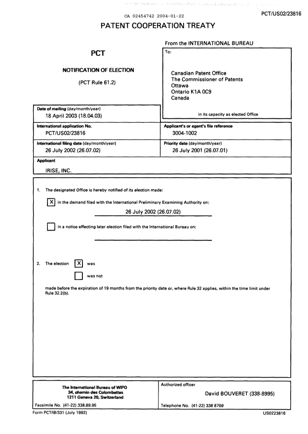 Document de brevet canadien 2454742. PCT 20040122. Image 1 de 7