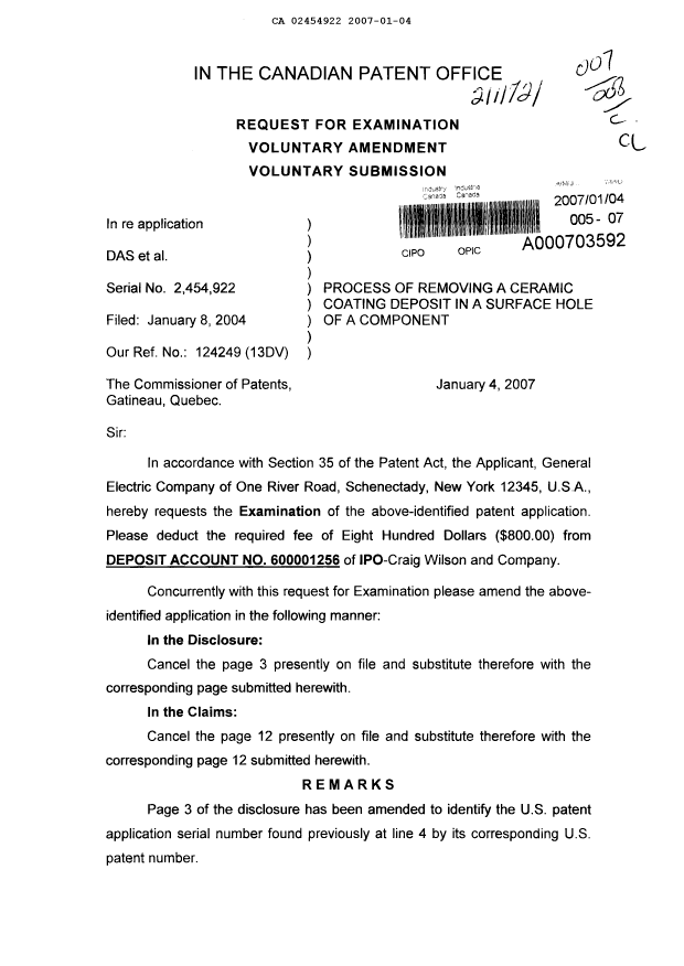 Canadian Patent Document 2454922. Prosecution-Amendment 20061204. Image 1 of 4